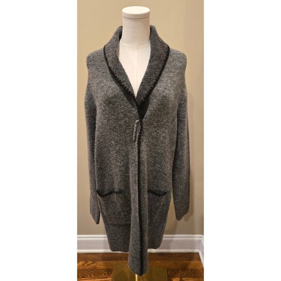 Adrienne Vittadini Wool-Blend Charcoal Gray Sweater Duster Cardigan Pockets L - Picture 2 of 10